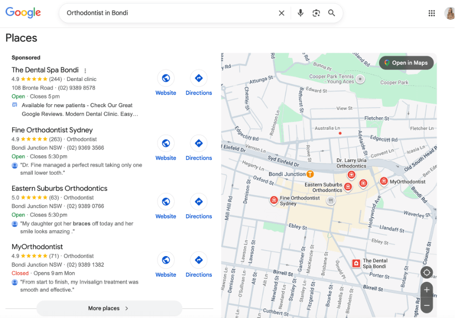 Google local map pack for orthodontist near me