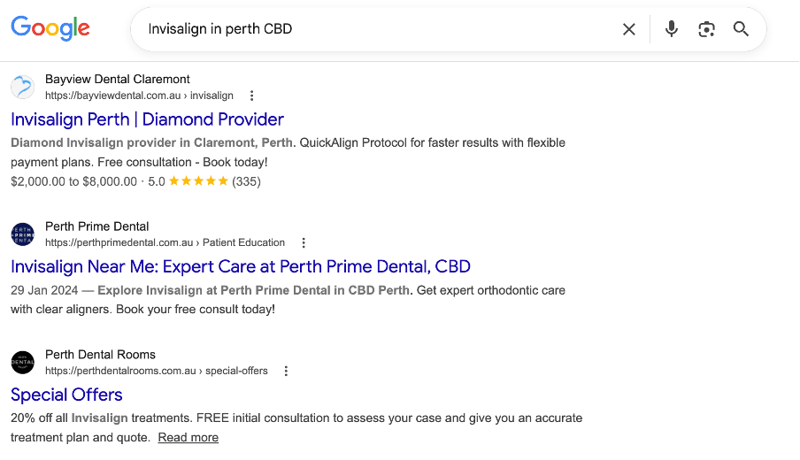 Google organic search results