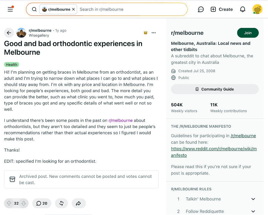 A real Reddit thread on r/melbourne asking for good and bad orthodontic experiences. This is the kind of conversation ChatGPT quotes when a patient asks for a recommendation.