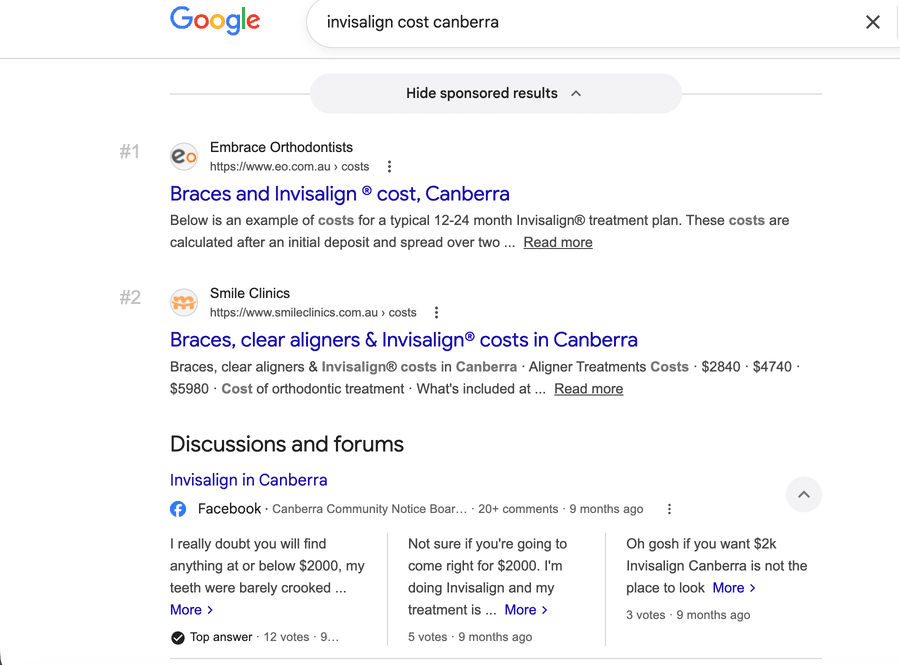 Google search results showing two TIO members ranking #1 and #2 for invisalign cost canberra